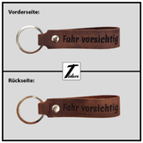 Schlüsselanhänger aus Leder mit Gravur "Fahr vorsichtig", beidseitig | Magic Brown (Braun) Tidero