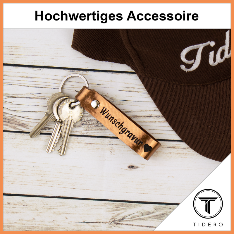 Schlüsselanhänger aus Leder mit Wunschgravur - Kupfer Metallic Tidero