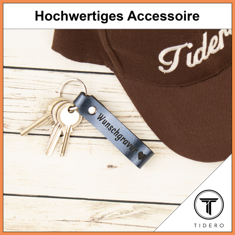 Schlüsselanhänger aus Leder mit zweizeiliger Wunschgravur - Blau Metallic Tidero