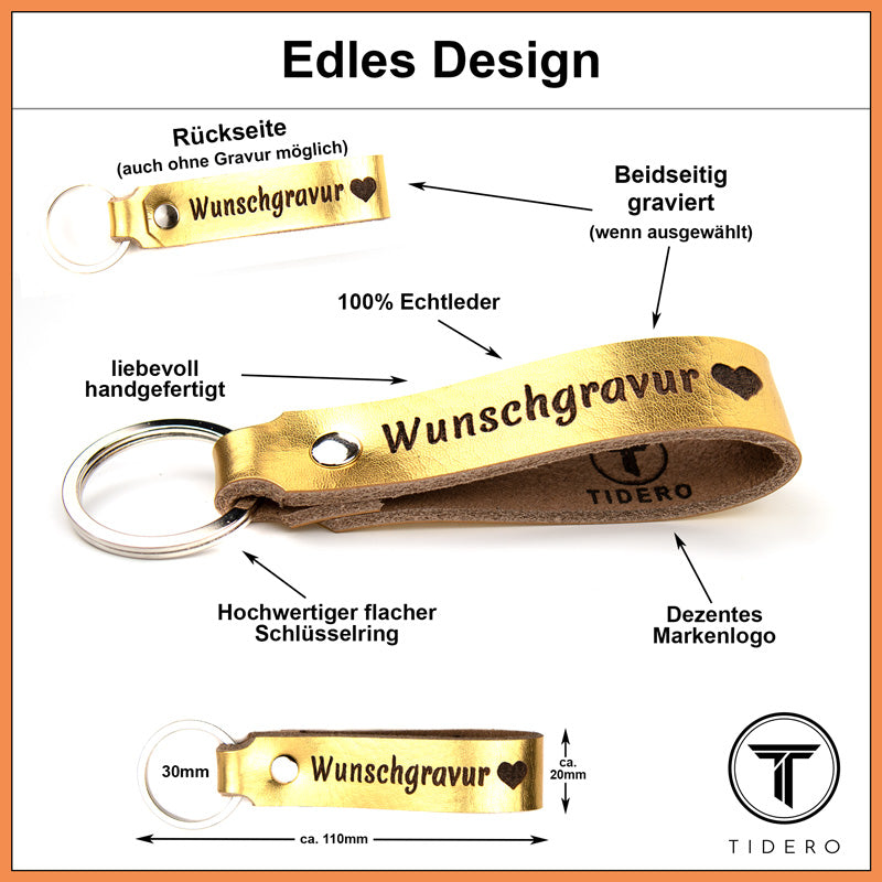 Schlüsselanhänger aus Leder mit Wunschgravur - Gold Tidero