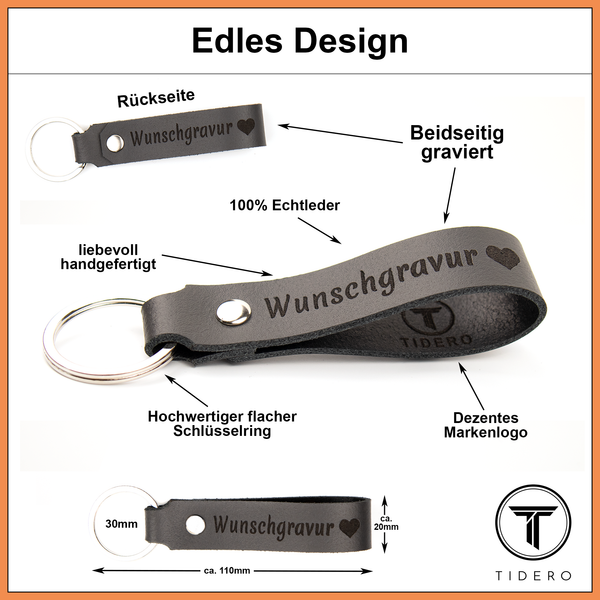 Schlüsselanhänger aus Leder mit Wunschgravur - Grau Tidero