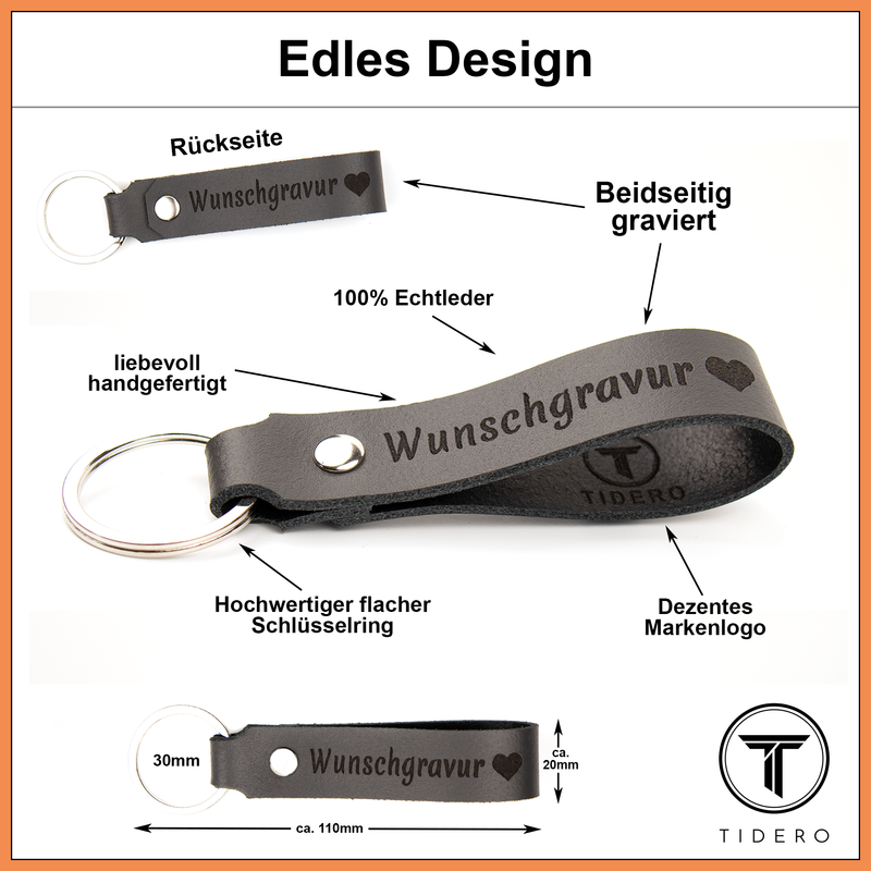 Schlüsselanhänger aus Leder mit Wunschgravur - Grau – Tidero