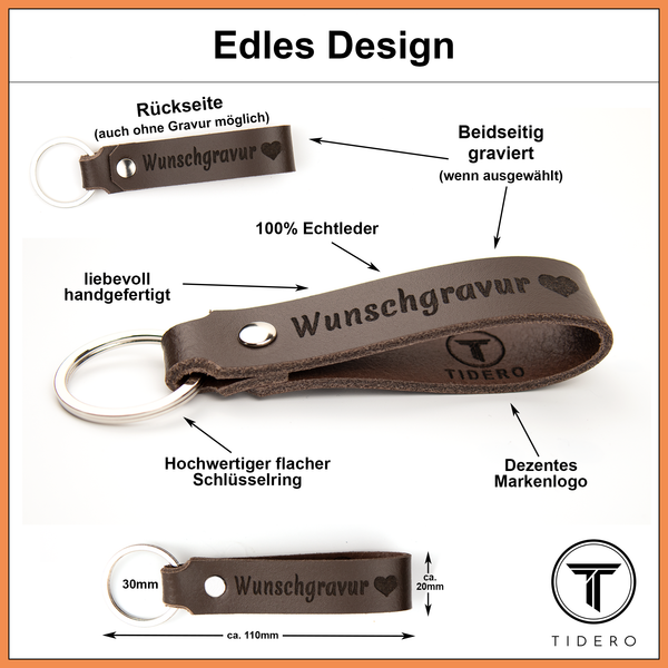Schlüsselanhänger aus Leder mit zweizeiliger Wunschgravur - Dunkelbraun Tidero