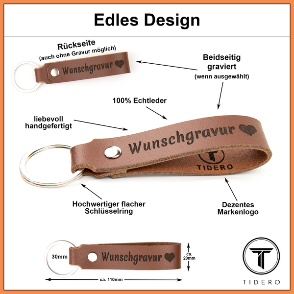Schlüsselanhänger aus Leder mit zweizeiliger Wunschgravur - Braun Tidero