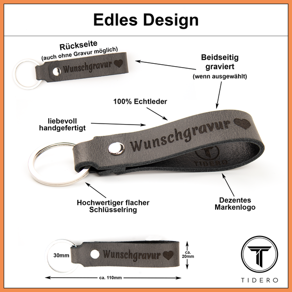 Schlüsselanhänger aus Leder mit zweizeiliger Wunschgravur - Grau Retro Tidero