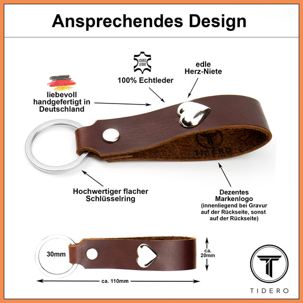 Schlüsselanhänger aus Leder mit Metall-Herz - Braun Tidero