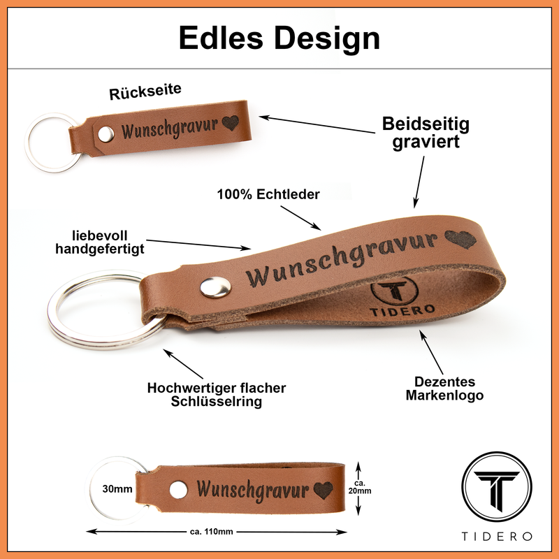 Schlüsselanhänger aus Leder mit Wunschgravur - Hellbraun Tidero