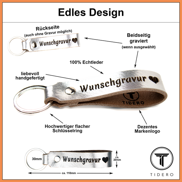 Schlüsselanhänger aus Leder mit zweizeiliger Wunschgravur - Silber Metallic Tidero