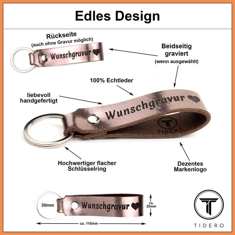 Schlüsselanhänger aus Leder mit zweizeiliger Wunschgravur - Braun Metallic Tidero