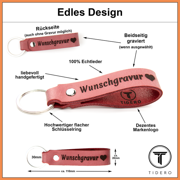 Schlüsselanhänger aus Leder mit zweizeiliger Wunschgravur - Red Washed Tidero