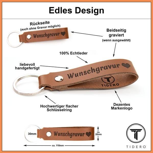 Schlüsselanhänger aus Leder mit zweizeiliger Wunschgravur - Hellbraun Tidero